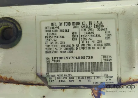 1993 Ford F150 из США, поврежденный, VIN 1FTDF15Y7PLB05728